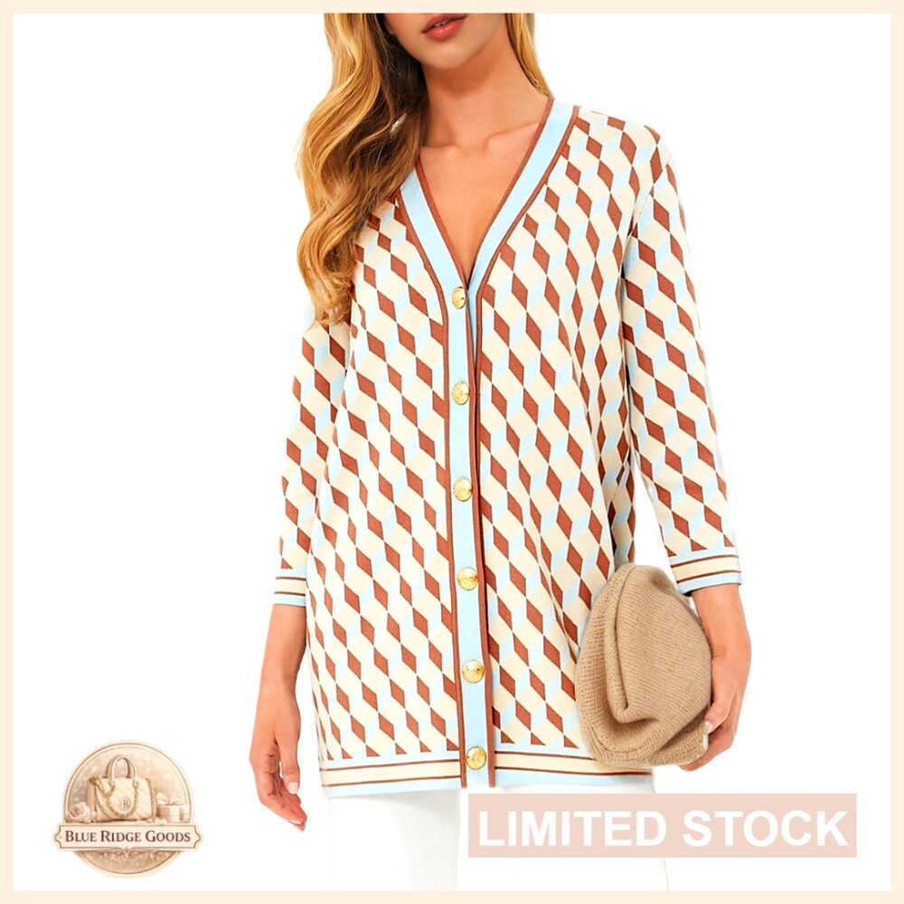 Geometric Print V-Neck Cardigan Sweater - Cream & Brown